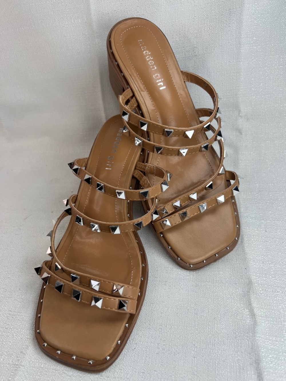 Madden Girl, tan with silver hardware sandals